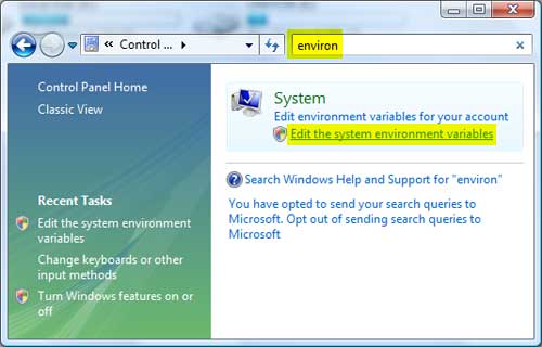 Editing system environment variables Editing system environment variables in Windows Vista.