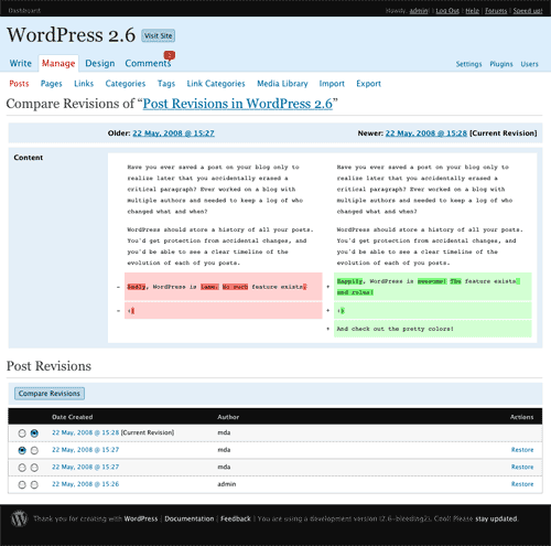 Post revision in WordPress 2.6 Post revision in WordPress 2.6