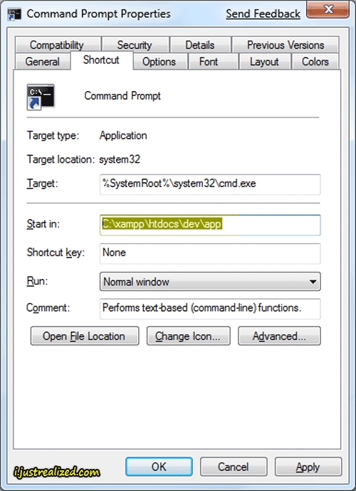 Command prompt properties start in setting Command prompt properties start in setting