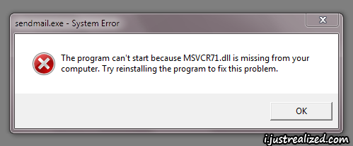 The program can't start because MSVCR71.dll is missing from your computer. The program can't start because MSVCR71.dll is missing from your computer. Try reinstalling the program to fix this program.
